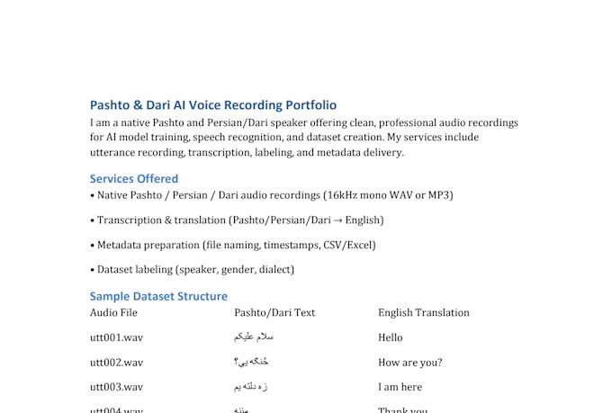 record pashto or dari speech dataset for ai model training